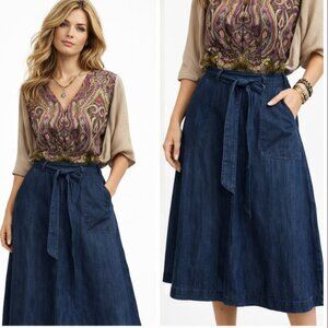 Talbots Blue Chambray Midi A-Line Skirt Tie Front Denim Size 6